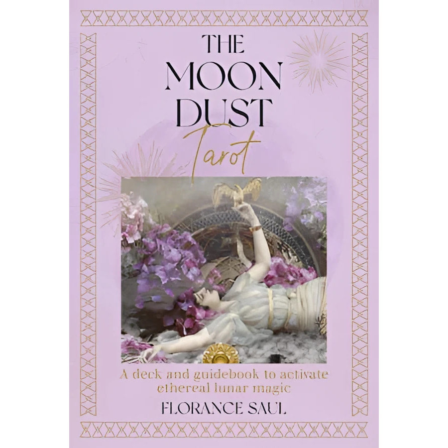 Book cover of Moon Dust Tarot featuring ethereal purple floral imagery