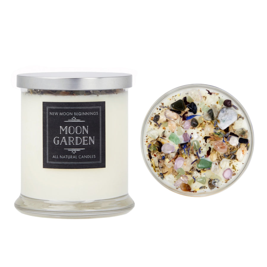 Moon Garden ritual soy crystal candle in 12oz glass jar with white wax, silver lid, black label