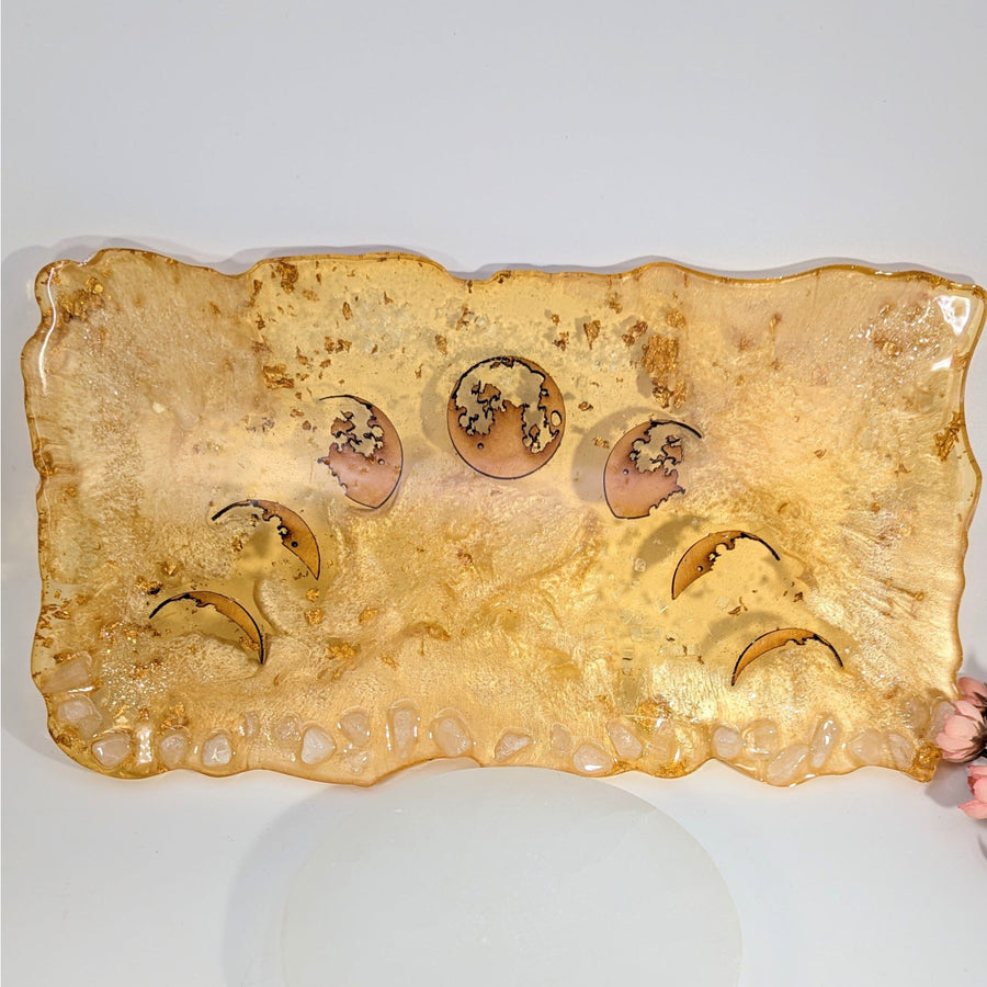 Golden resin moon phase carving 12-inch wall art with crystals and shimmering texture