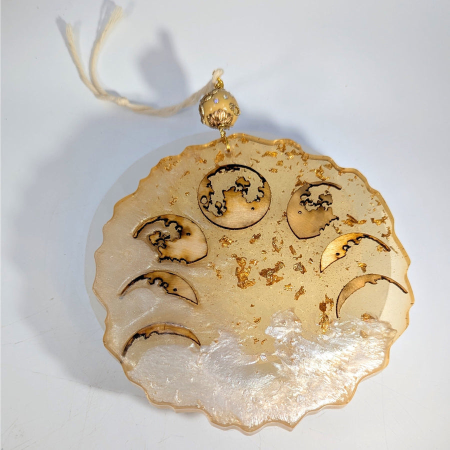 Translucent resin moon phase ornament with golden foil, 6-inch hanging design #NBG011