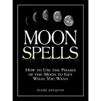 Black book cover of moon spells by diane ahlquist with white and gold lettering and moon phases, perfect for jewelry crystals enthusiasts
