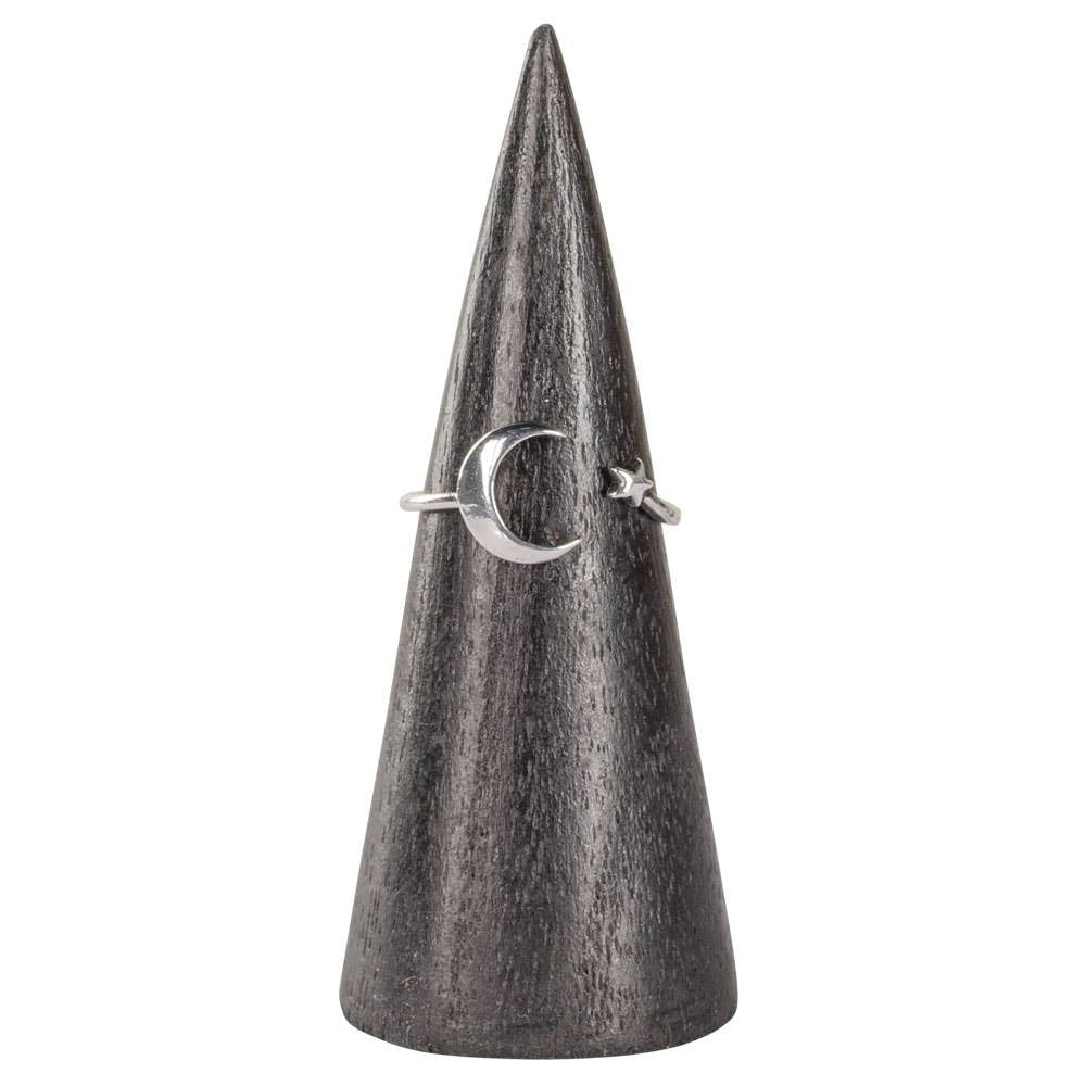 Silver crescent moon and star adjustable ring on wood stand