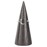 Silver crescent moon and star adjustable ring on wood stand
