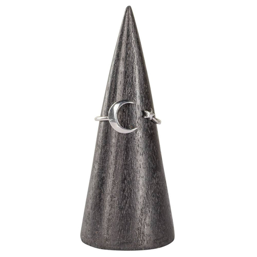 Silver crescent moon and star adjustable ring on wood stand