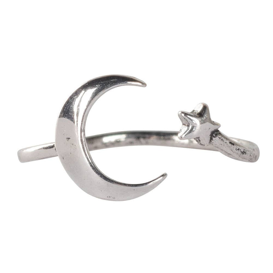 Silver crescent moon and star adjustable ring BC0450 with polished metallic finish