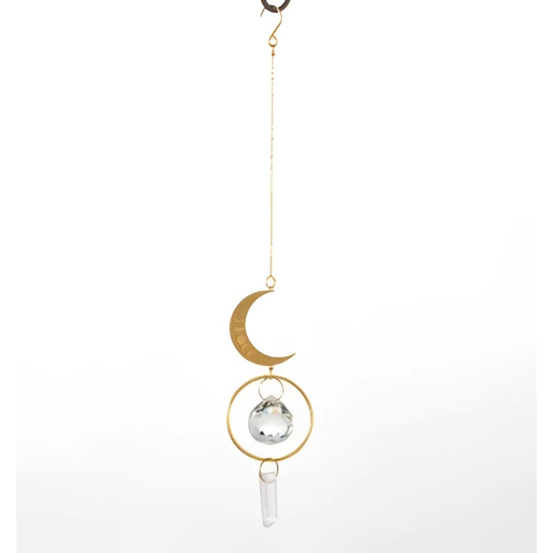 Gold crescent moon charm with crystal ball and quartz point suncatcher by Woodstock