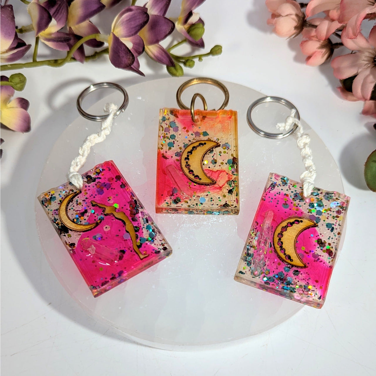 Moon Tarot 3-4.5’’ pink orange glitter resin keychain with moon design