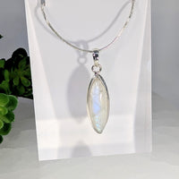 Silver marquise-cut moonstone pendant necklace #BC0676 with iridescent sheen