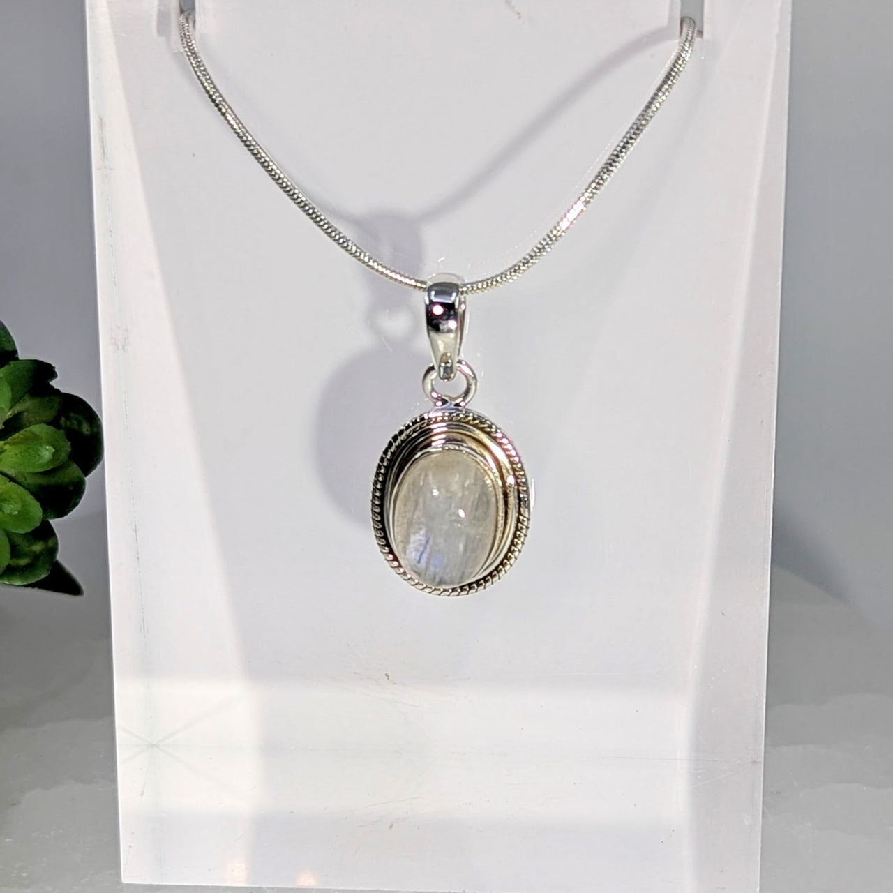 Silver rainbow moonstone 1-inch oval pendant necklace #BC0677