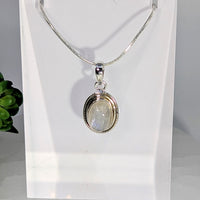 Silver rainbow moonstone 1-inch oval pendant necklace #BC0677