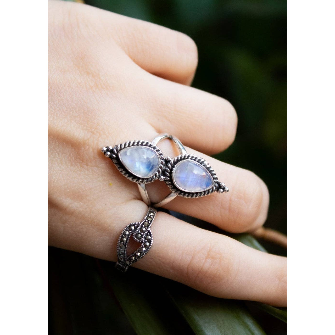 Moonstone Double Teardrop Ring Sterling Silver #LV9068