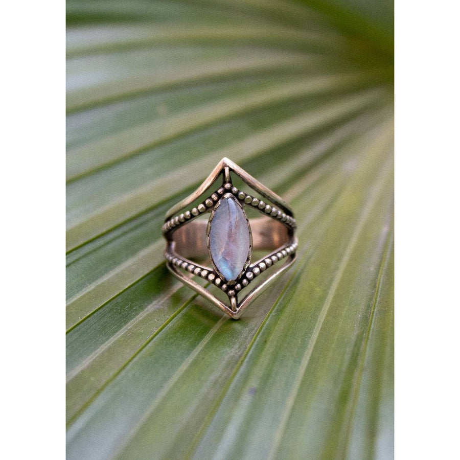 Moonstone Ring Dual Chevron Sterling Silver Band Marquise