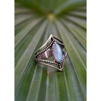 Moonstone Ring Dual Chevron Sterling Silver Band Marquise