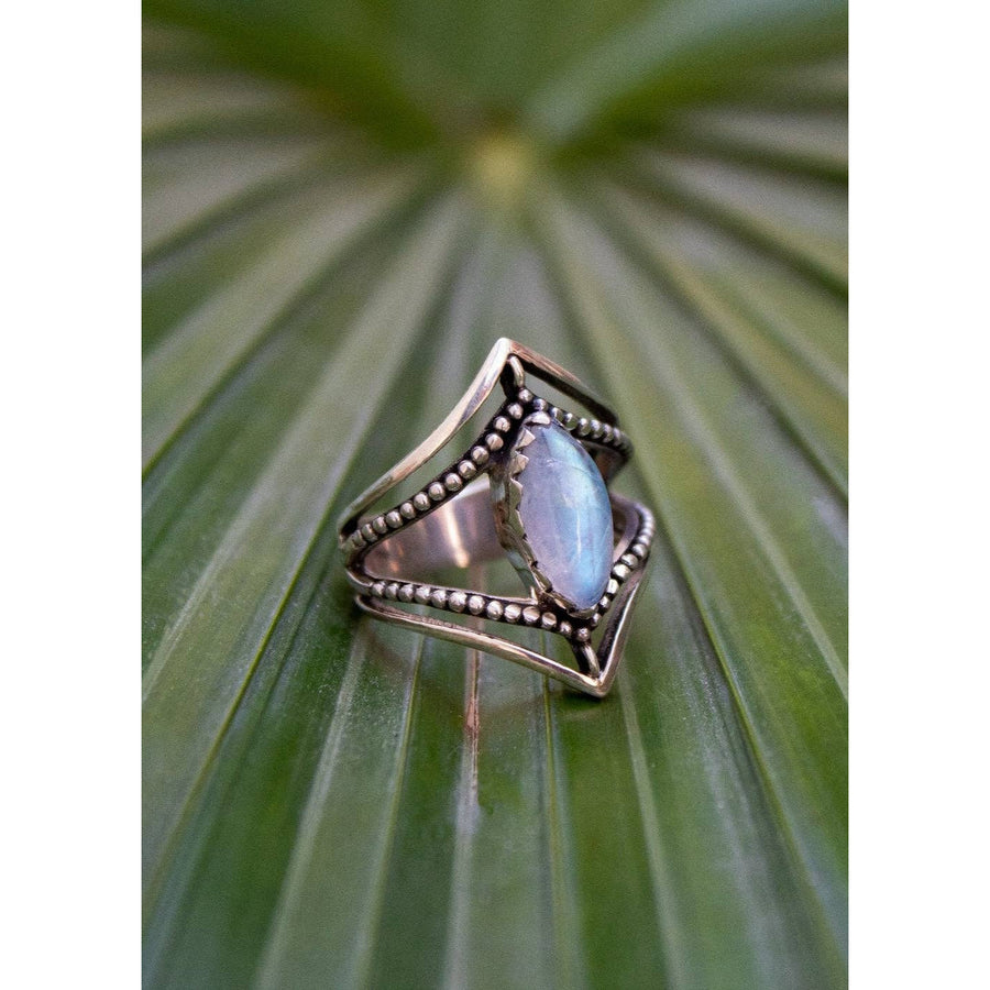 Moonstone Ring Dual Chevron Sterling Silver Band Marquise