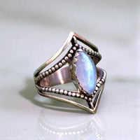 Moonstone Ring Dual Chevron Sterling Silver Band Marquise
