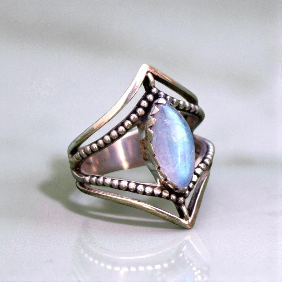 Moonstone Ring Dual Chevron Sterling Silver Band Marquise