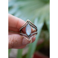 Moonstone Ring Dual Chevron Sterling Silver Band Marquise