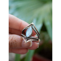 Moonstone Ring Dual Chevron Sterling Silver Band Marquise