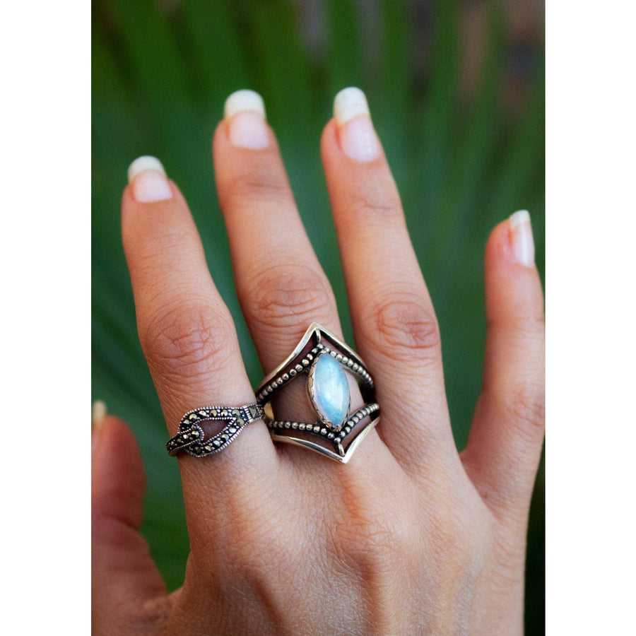 Moonstone Ring Dual Chevron Sterling Silver Band Marquise