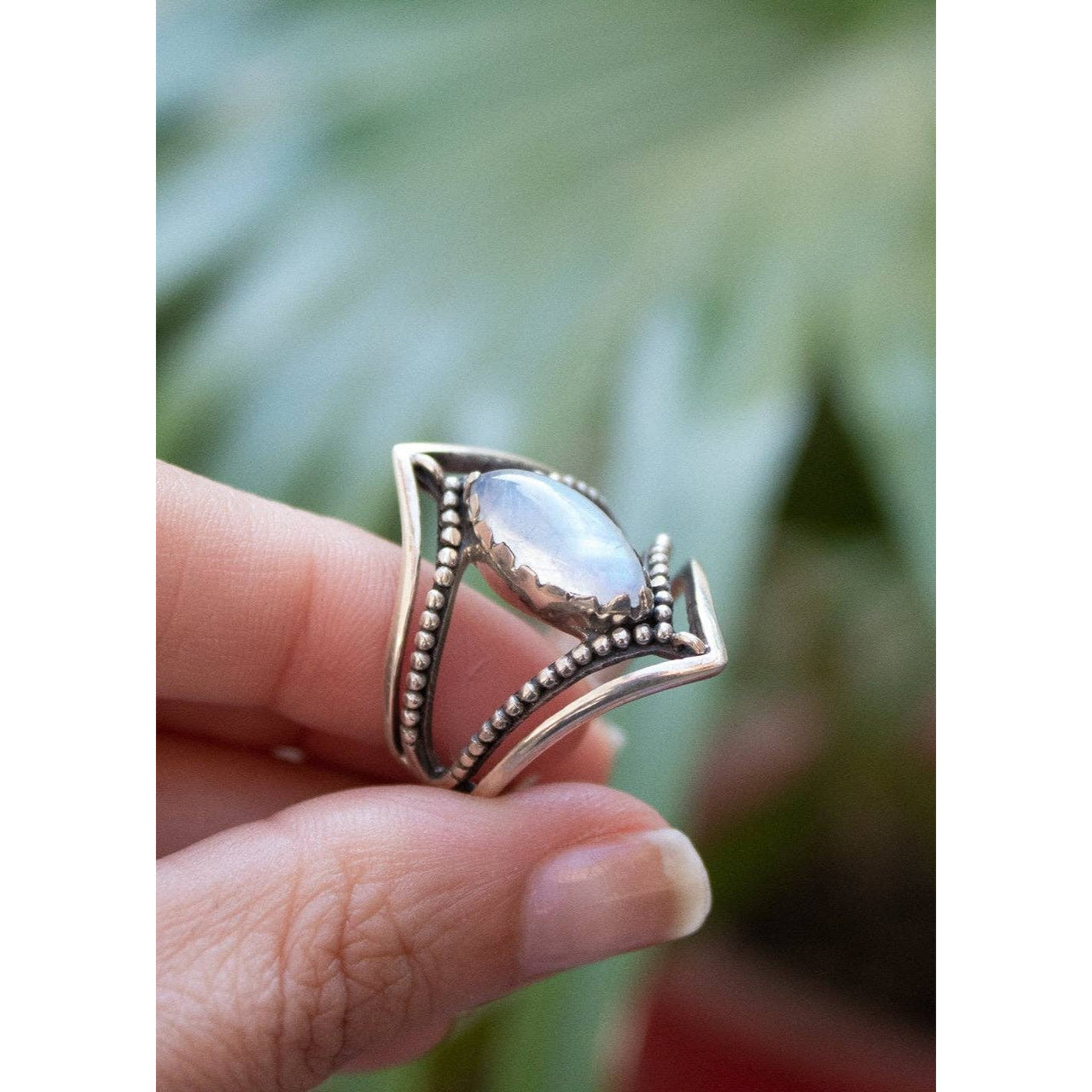 Moonstone Ring Dual Chevron Sterling Silver Band Marquise