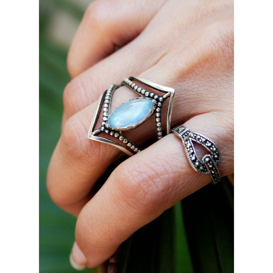 Moonstone Ring Dual Chevron Sterling Silver Band Marquise