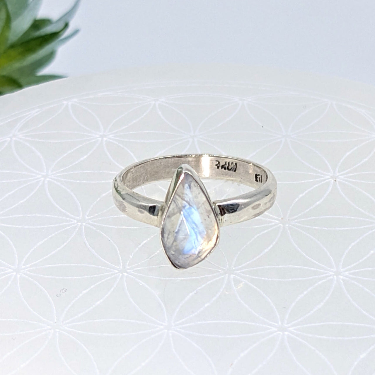 Sterling silver faceted ring with a teardrop-shaped moonstone, Moonstone Sz 10 S.S