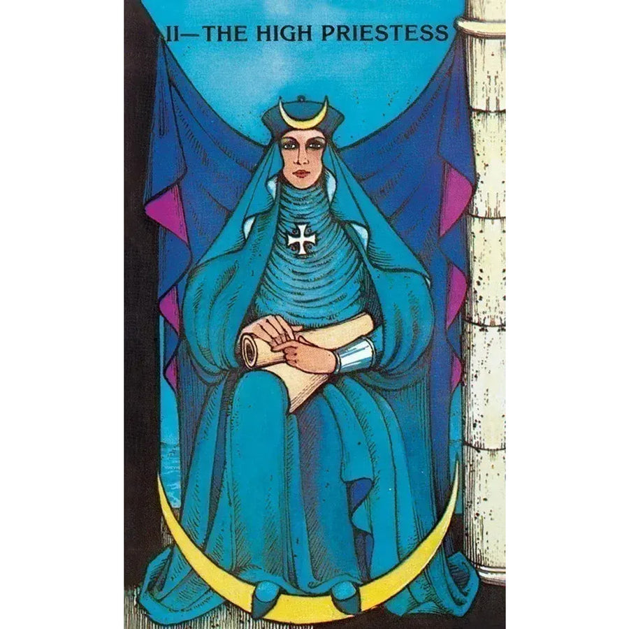 High Priestess Tarot card in blue robes from Morgan-Greer Tarot in a Tin LV4404