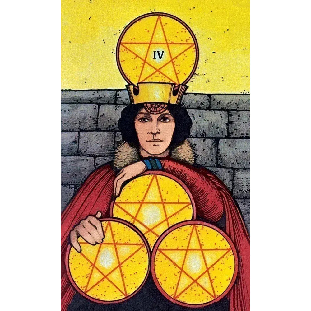 Figure in a red cloak with glowing pentacle discs from Morgan-Greer Tarot in a Tin