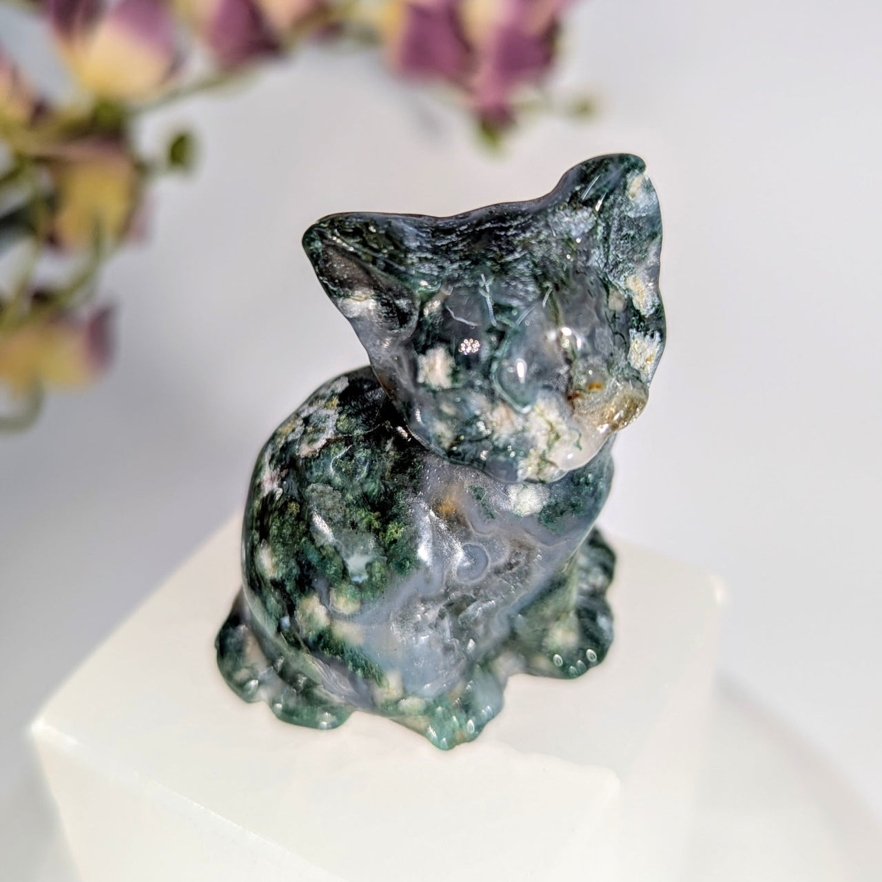 Polished green white moss agate cat figurine 1.9in BC0707