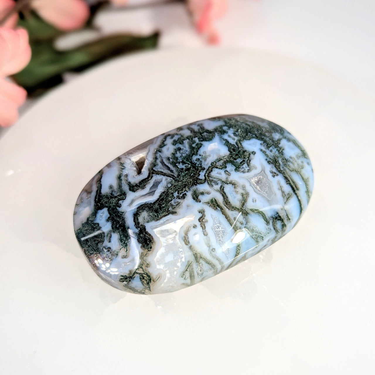 Moss Agate 2.5’’ Palm Stone #LV8950 - $25
