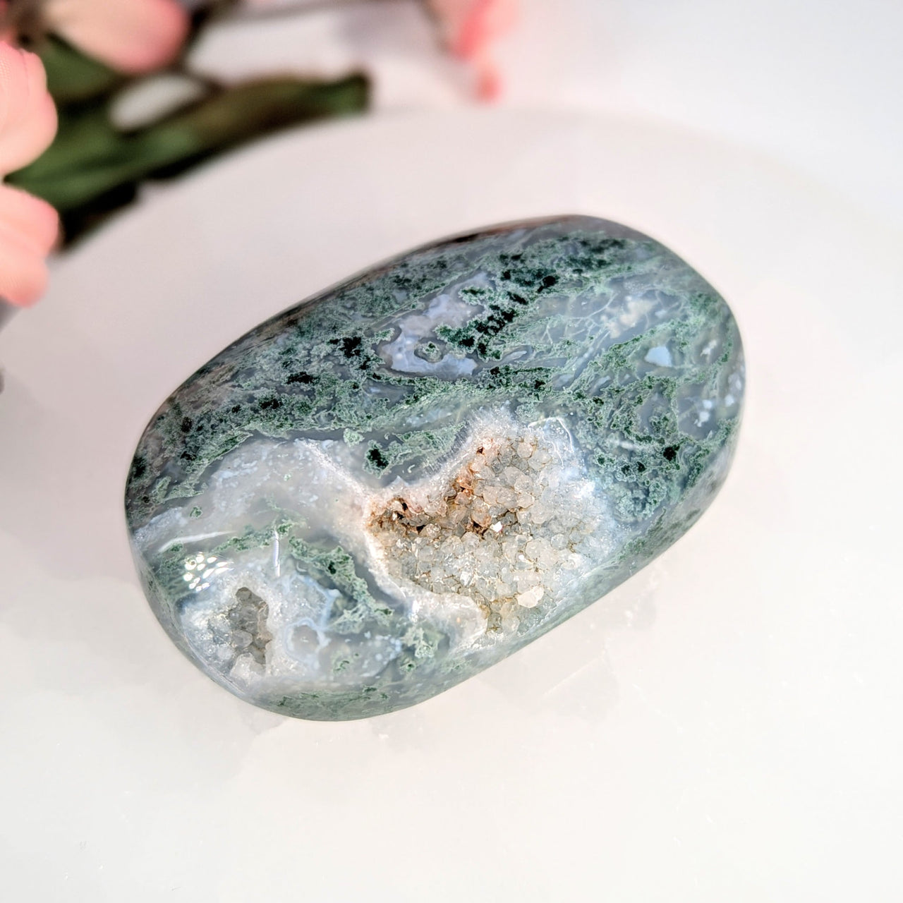 Moss Agate 2.5’’ Palm Stone #LV8953 - $42