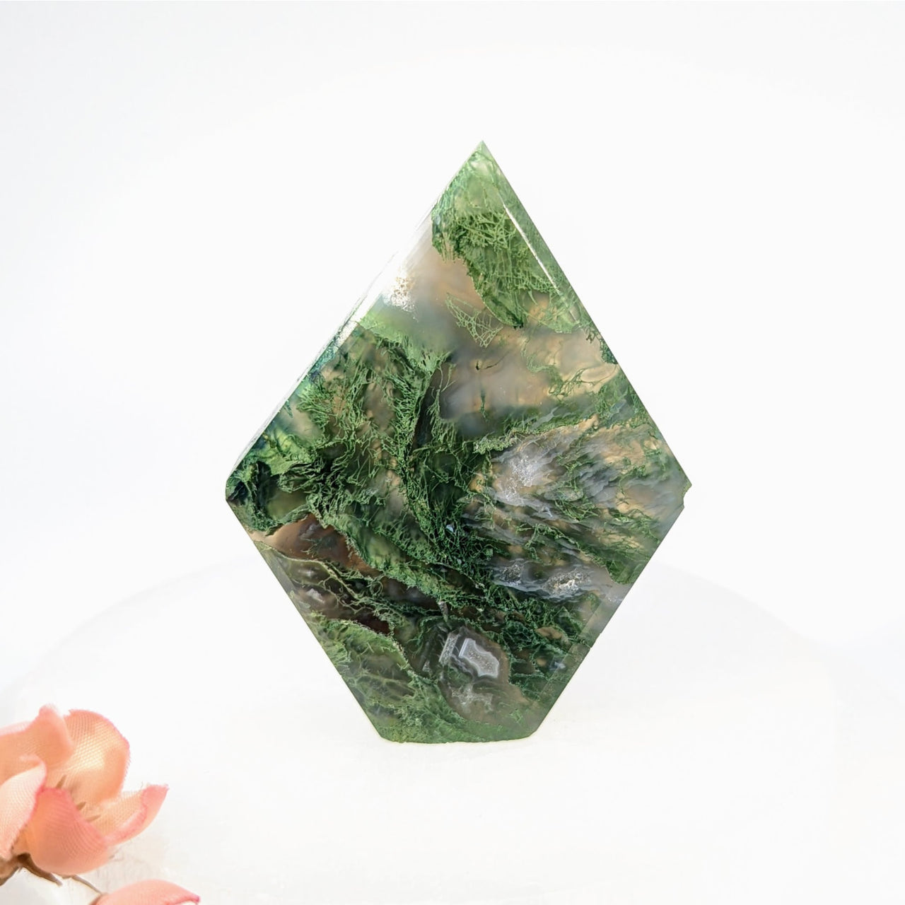 Polished 2.6-inch moss agate geode cut base point with intricate patterns