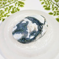Polished 2.7-inch moss agate oval palm stone #BC1205 with green swirls