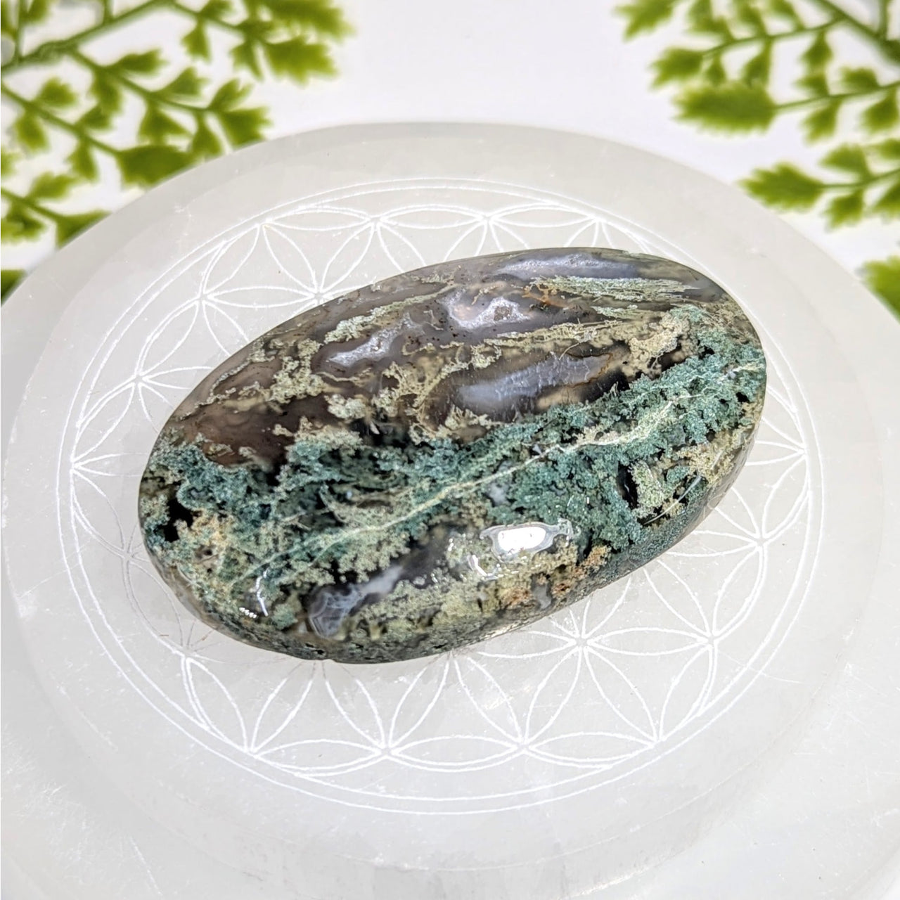 Polished 2.8-inch moss agate oval palm stone #BC1207 with green veining