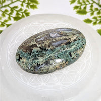 Polished 2.8-inch moss agate oval palm stone #BC1207 with green veining