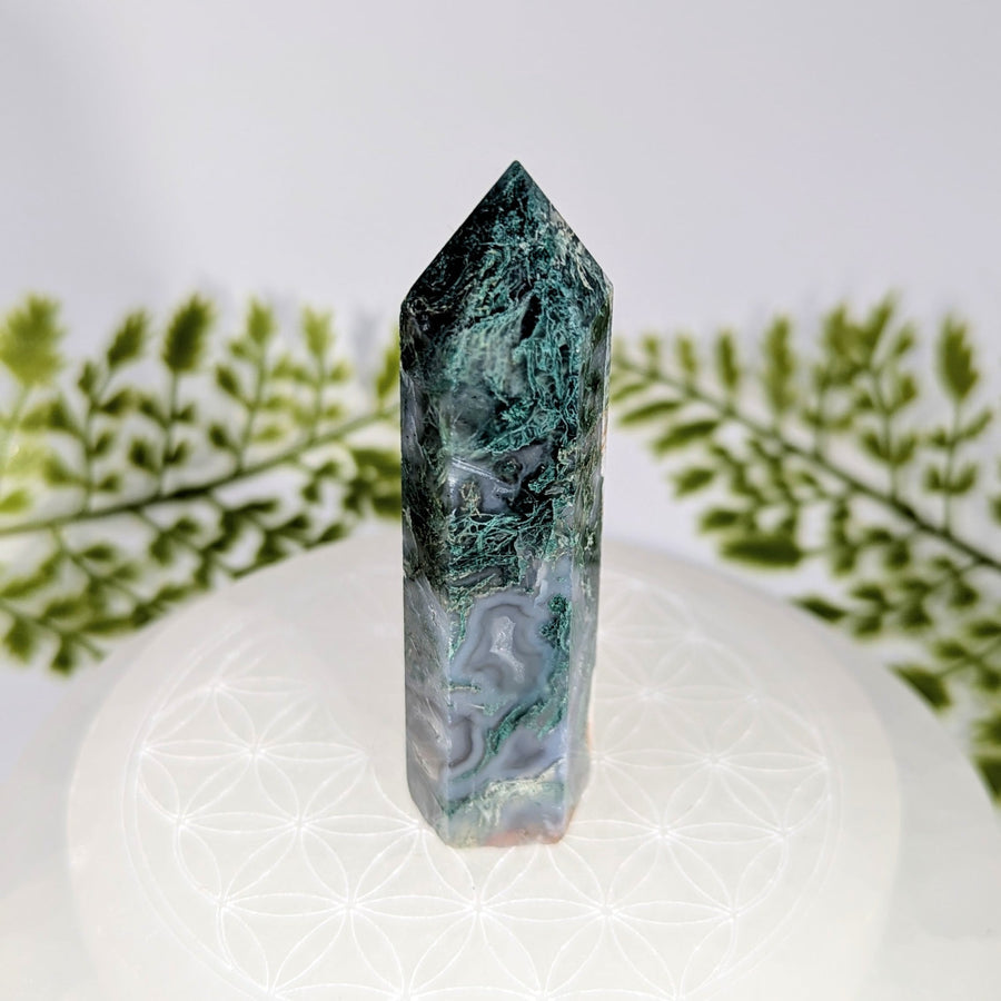 Polished green gray moss agate 3.1in tower #BC1208 on white base
