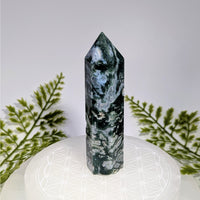 Moss agate 3.5-inch faceted black blue crystal tower #BC0854