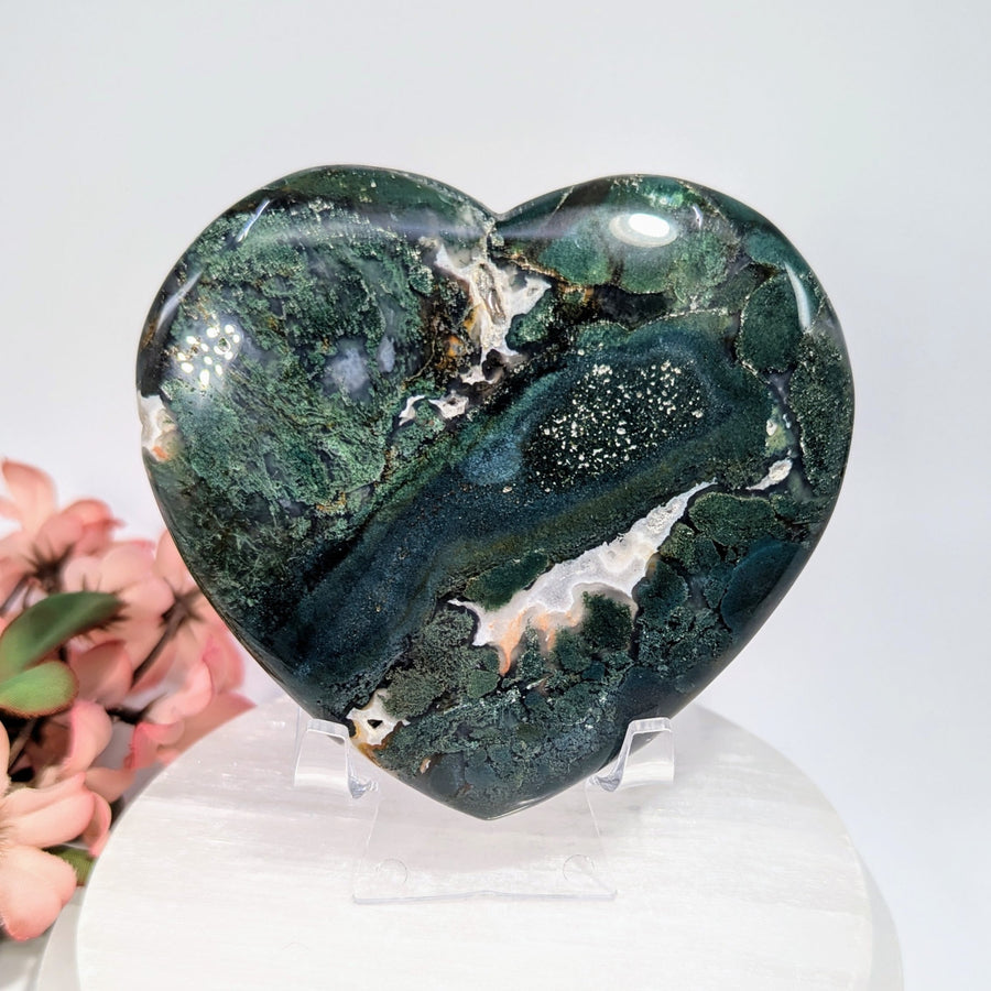 Polished 3.8-inch moss agate heart #BC0169 with green, black, white swirls