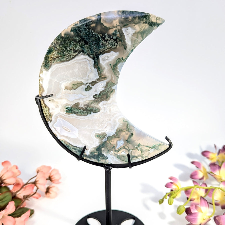 Moss Agate Moon-Shaped Slice on Custom Stand #BC0080