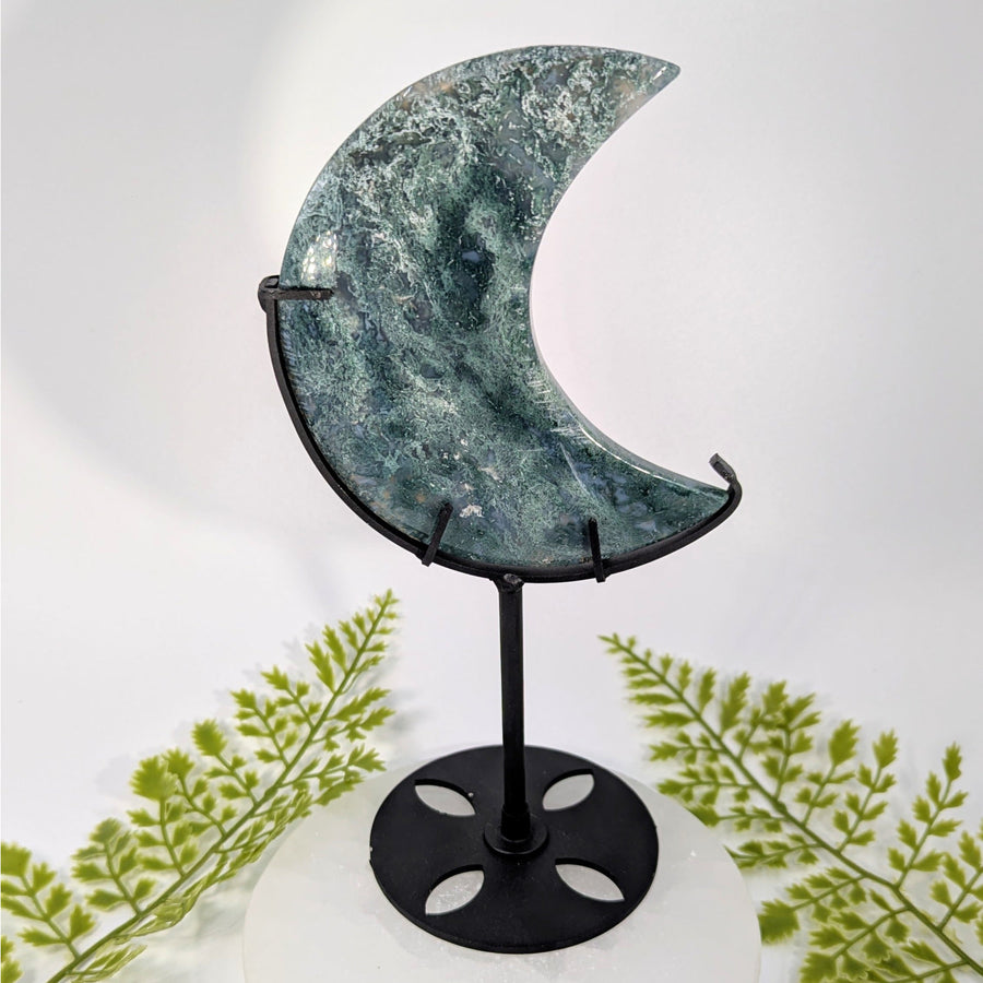 Polished green white marbled moss agate 8’’ moon on black stand #BC0879