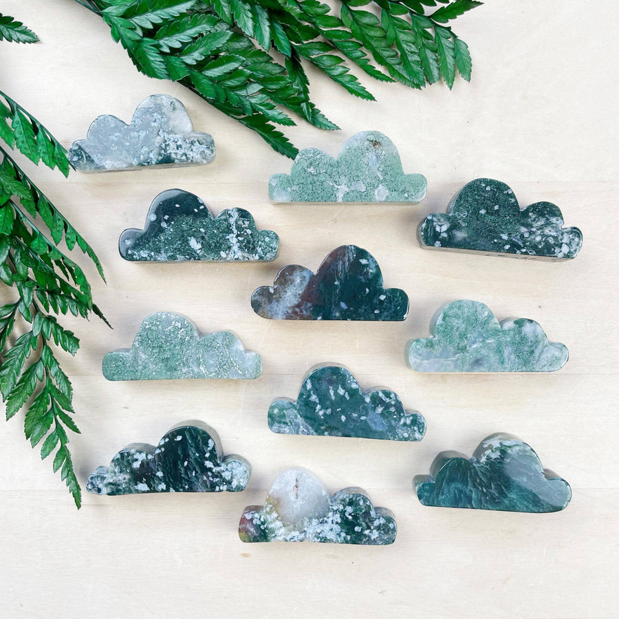 Moss Agate Cloud Carving #LV9099 in green and white marbled patterns