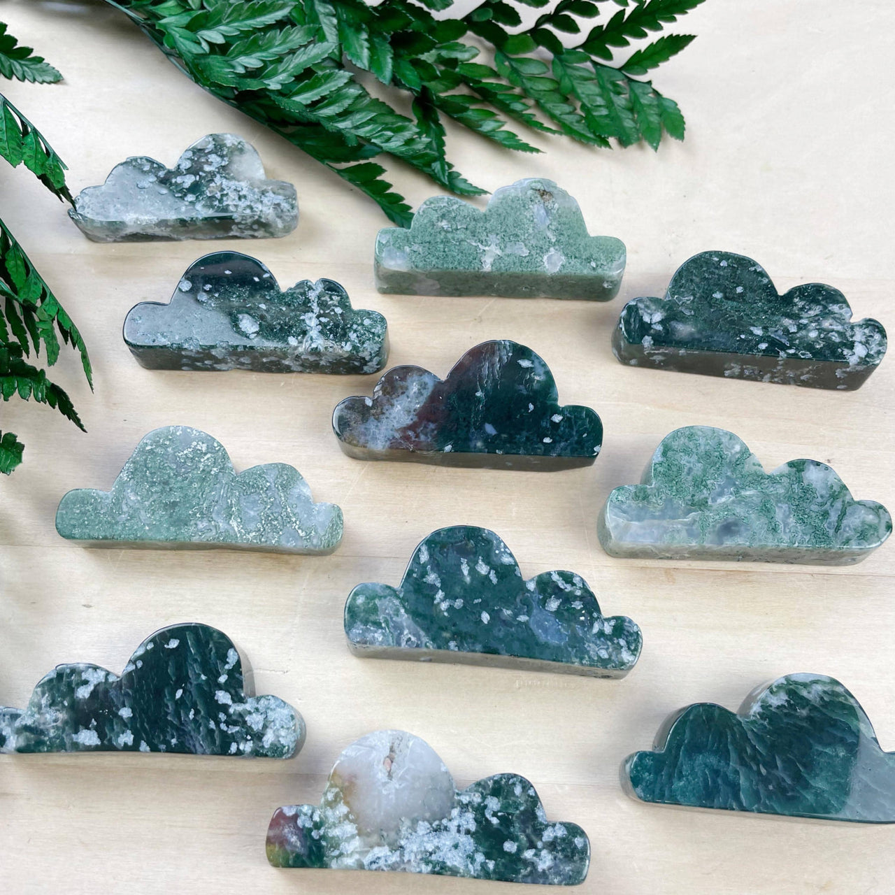 Hand-carved green and white jasper moss agate cloud ornament #LV9099