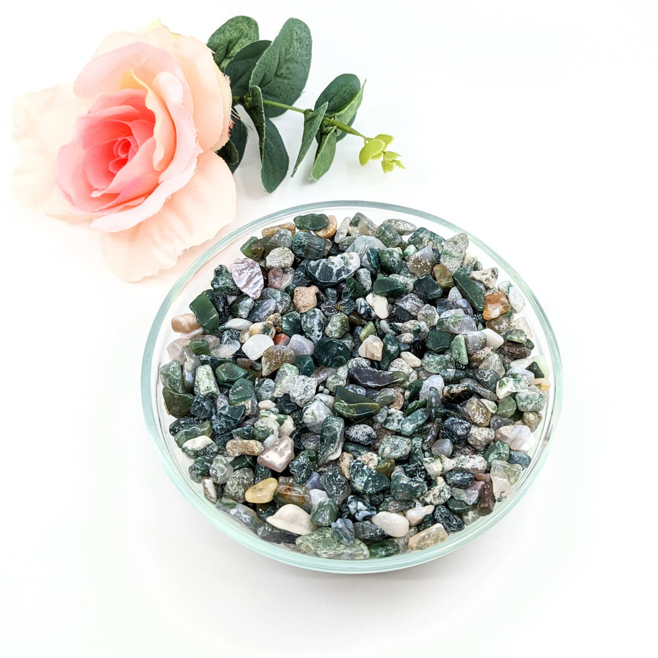 Moss Agate Gravel Mini Chips in a bowl next to a rose - 28g Parcel (#LV3084)