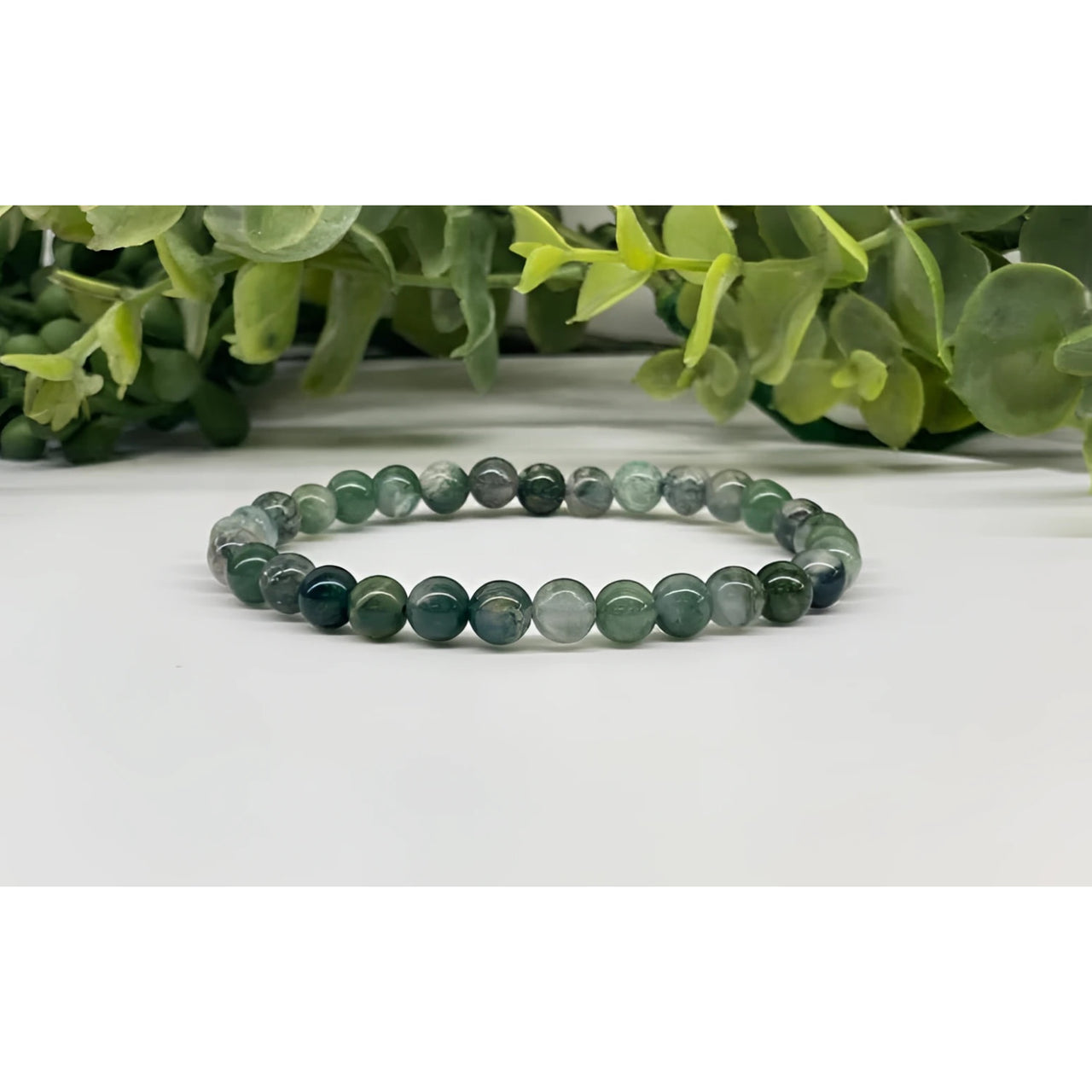 Moss Agate 6mm stretchable bracelet in green black marble beads #LV9529