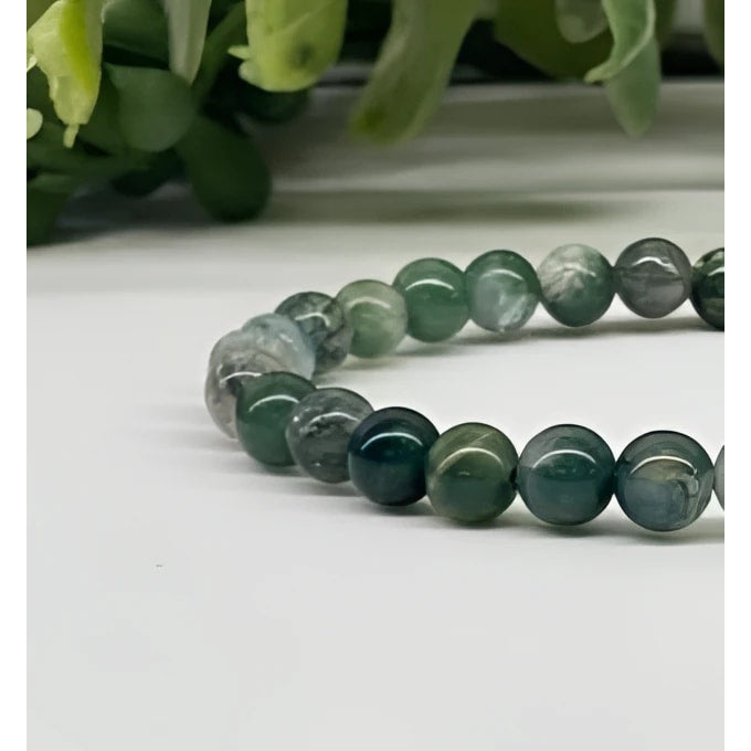 Moss Agate 6mm Beaded Stretch Bracelet in Green and Gray #LV9529