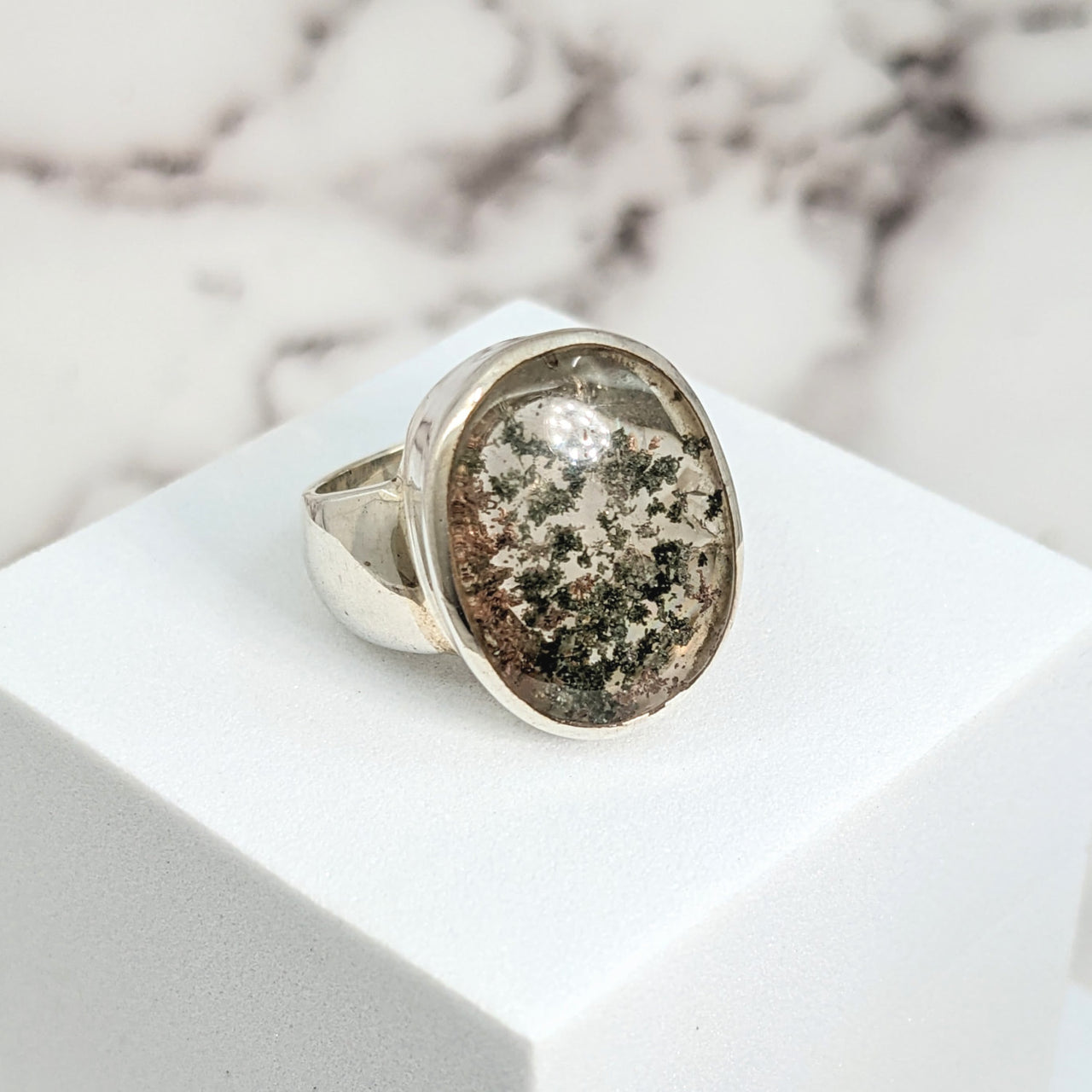 Silver Moss Agate Ring with Large Stone, Size 8 Oval SS #SK9528