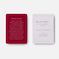 The moth presents storytelling game with red and white cards featuring gold foil accents and prompts on rebellion using crystals