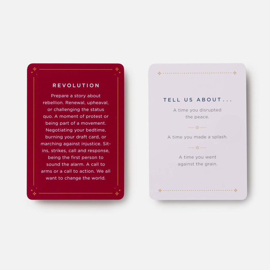 The moth presents storytelling game with red and white cards featuring gold foil accents and prompts on rebellion using crystals
