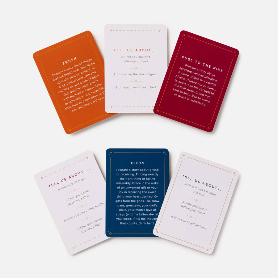 Set of six colorful matte storytelling game cards with gold foil accents inspired by jewelry gemstones and crystals