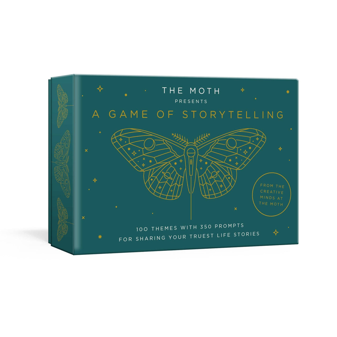 Teal storytelling game box with gold foil moth design for the moth presents featuring jewelry and crystals theme